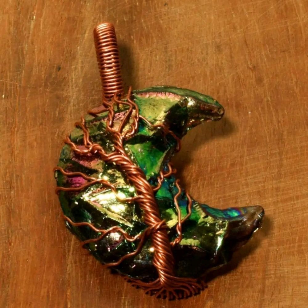 Crescent Moon Titanium Druzy Ethnic Handmade Copper Wire Wrapped Pendant 1.86"